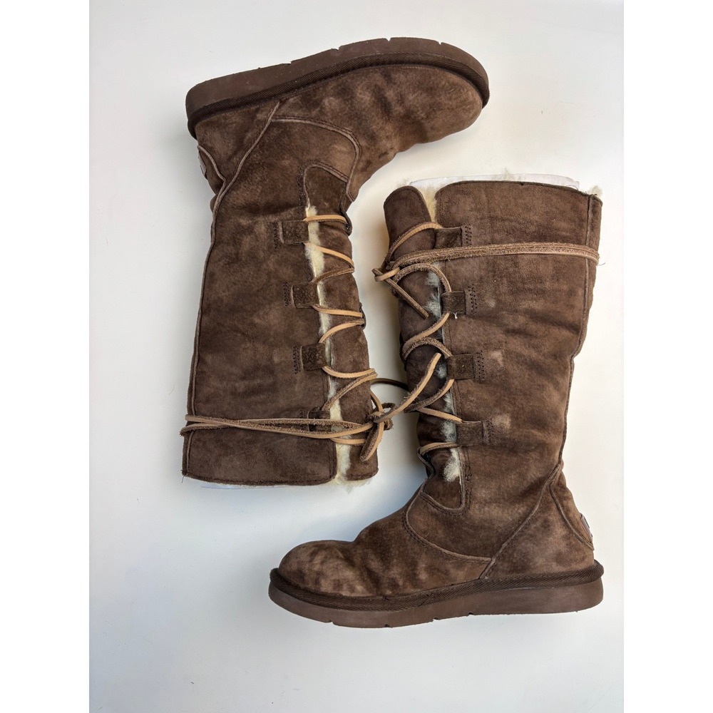 NEW UGG Whitley Tall Boots 5 Brown Suede Sheepskin Lace Up 5122